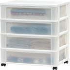 White / Black 4-Drawer Wide Plastic Storage Cart with Swivel Wheels, Single