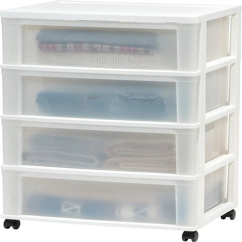 White / Black 4-Drawer Wide Plastic Storage Cart with Swivel Wheels, Single