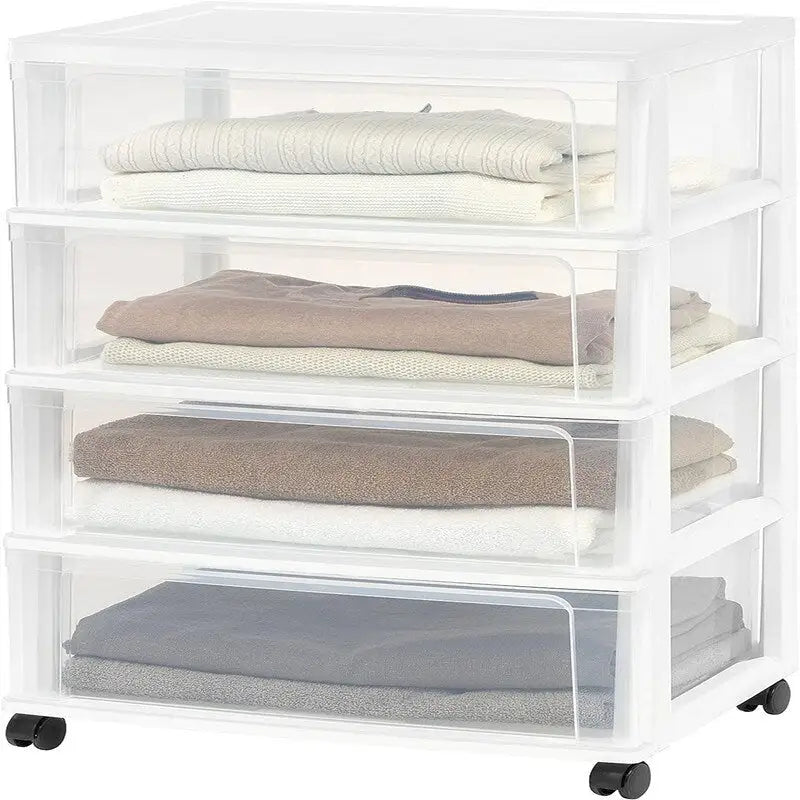 White / Black 4-Drawer Wide Plastic Storage Cart with Swivel Wheels, Single