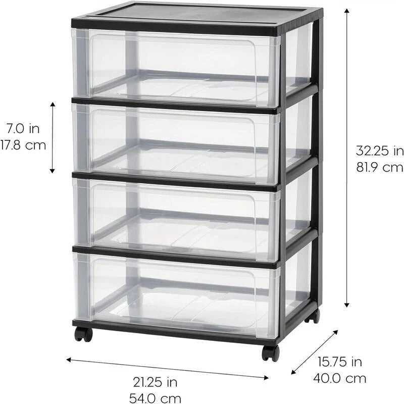 White / Black 4-Drawer Wide Plastic Storage Cart with Swivel Wheels, Single