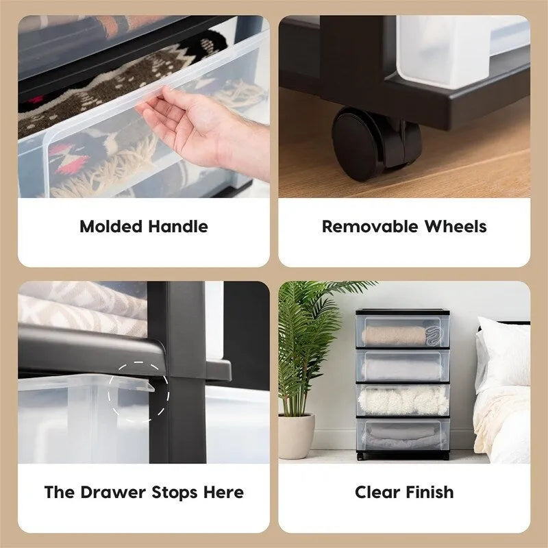 White / Black 4-Drawer Wide Plastic Storage Cart with Swivel Wheels, Single