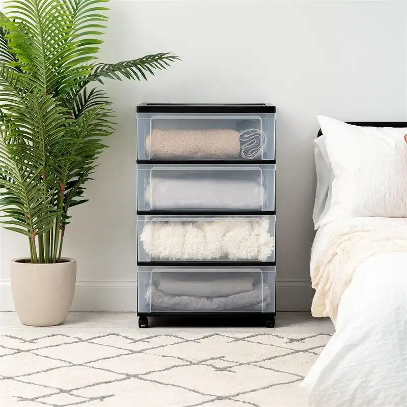 White / Black 4-Drawer Wide Plastic Storage Cart with Swivel Wheels, Single