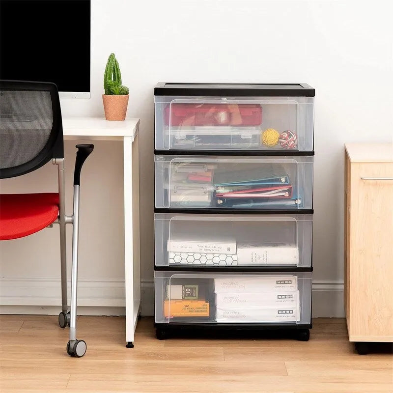 White / Black 4-Drawer Wide Plastic Storage Cart with Swivel Wheels, Single