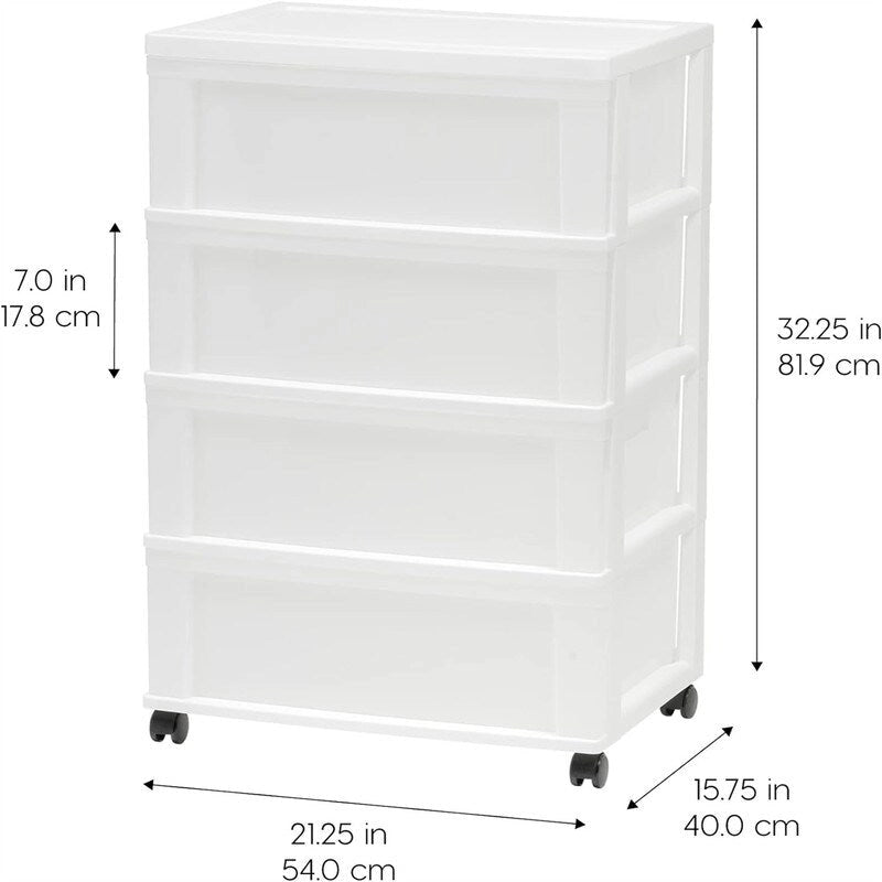 White / Black 4-Drawer Wide Plastic Storage Cart with Swivel Wheels, Single