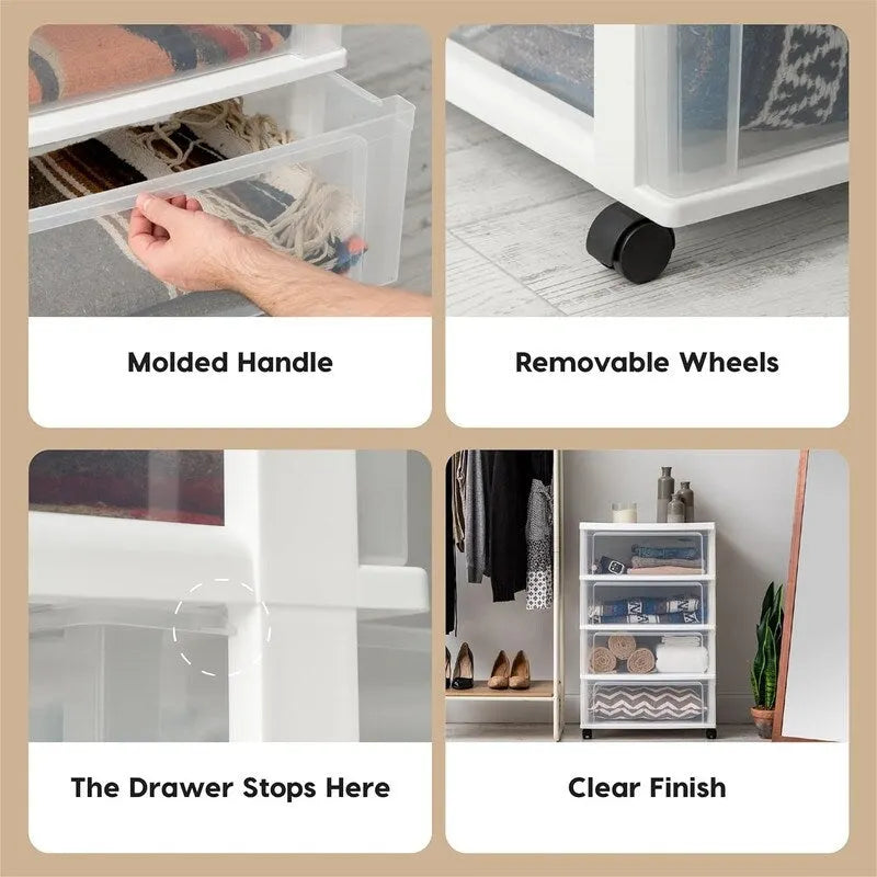 White / Black 4-Drawer Wide Plastic Storage Cart with Swivel Wheels, Single