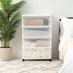 White / Black 4-Drawer Wide Plastic Storage Cart with Swivel Wheels, Single