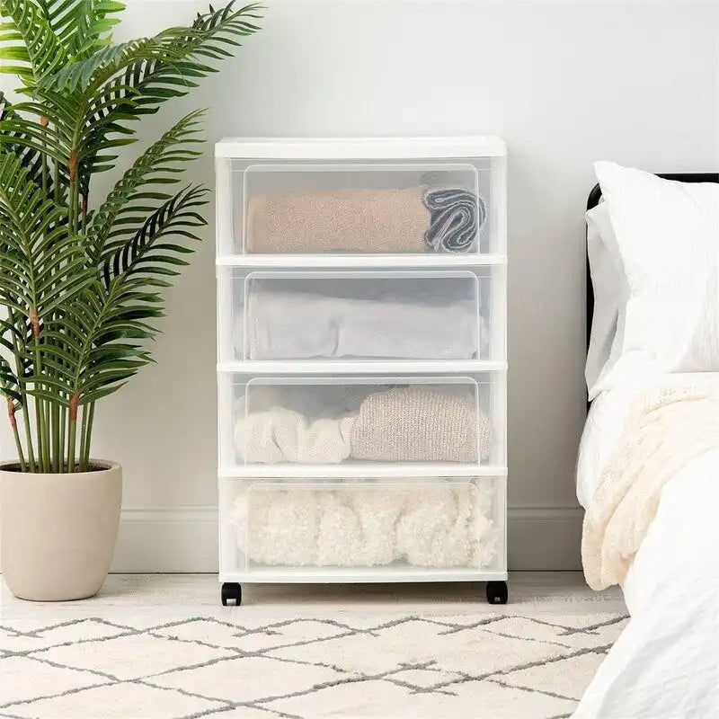 White / Black 4-Drawer Wide Plastic Storage Cart with Swivel Wheels, Single