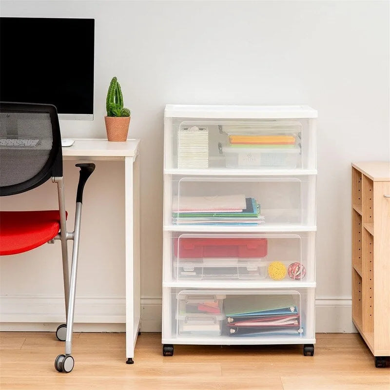 White / Black 4-Drawer Wide Plastic Storage Cart with Swivel Wheels, Single