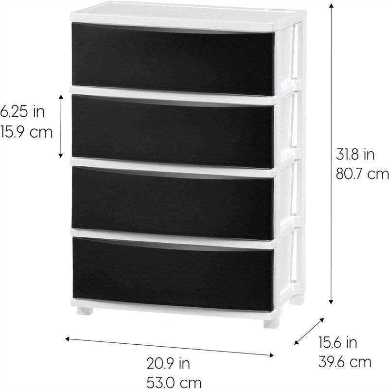 White / Black 4-Drawer Wide Plastic Storage Cart with Swivel Wheels, Single