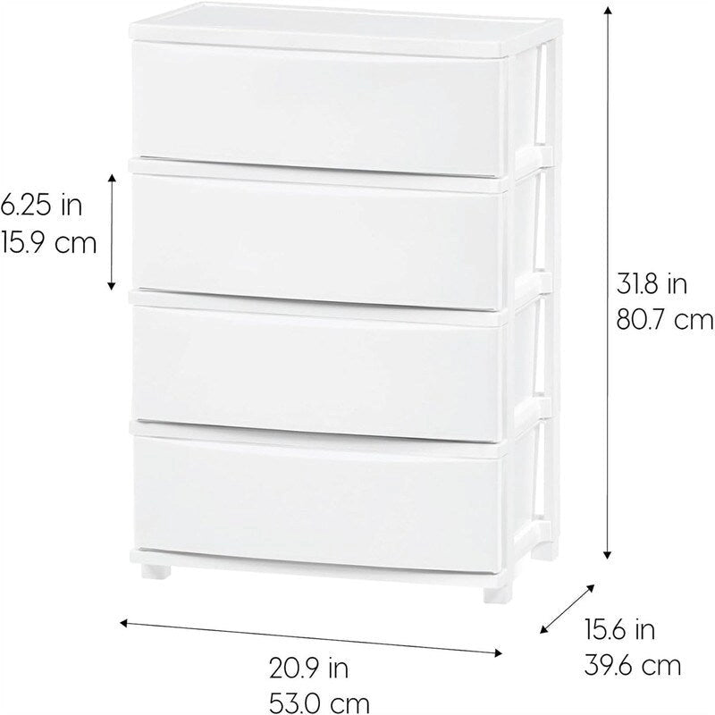 White / Black 4-Drawer Wide Plastic Storage Cart with Swivel Wheels, Single