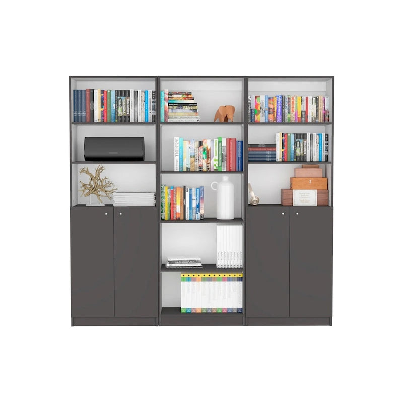 Beige / Black / White 3-Piece Bookcase Set with Open Shelves and 2-Door Cabinets, 74"W