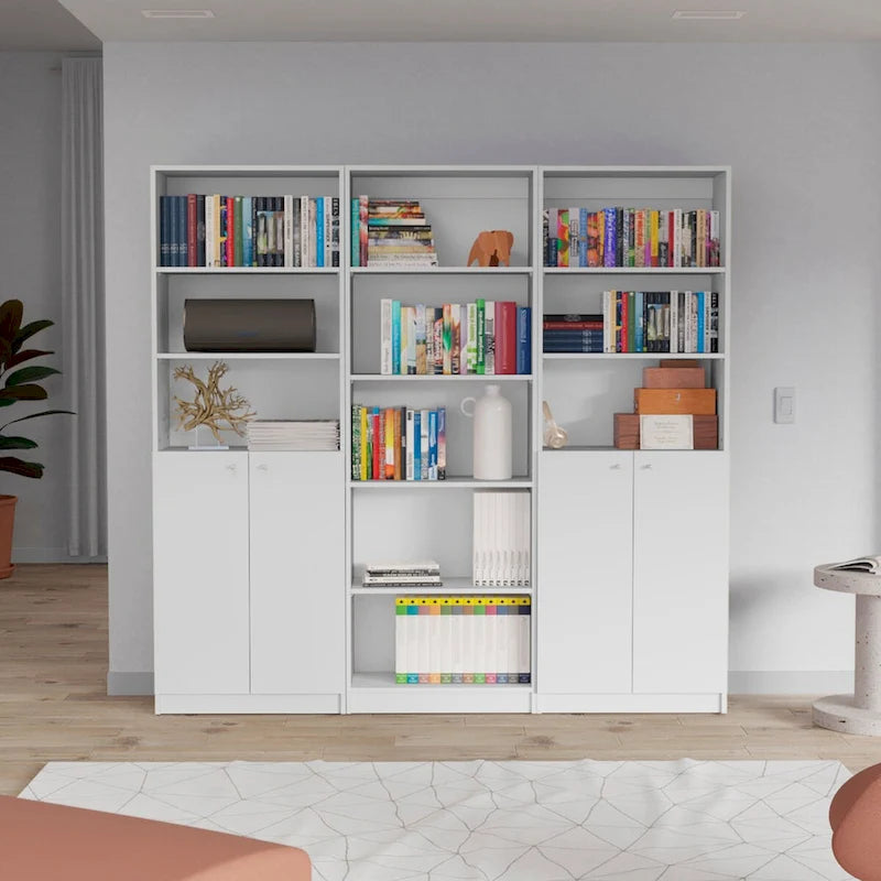 Beige / Black / White 3-Piece Bookcase Set with Open Shelves and 2-Door Cabinets, 74"W