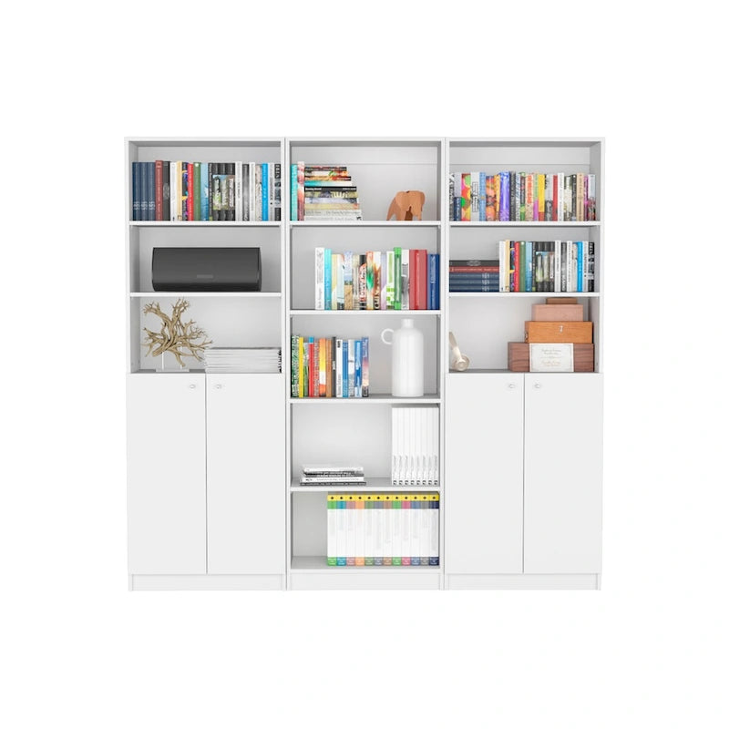 Beige / Black / White 3-Piece Bookcase Set with Open Shelves and 2-Door Cabinets, 74"W