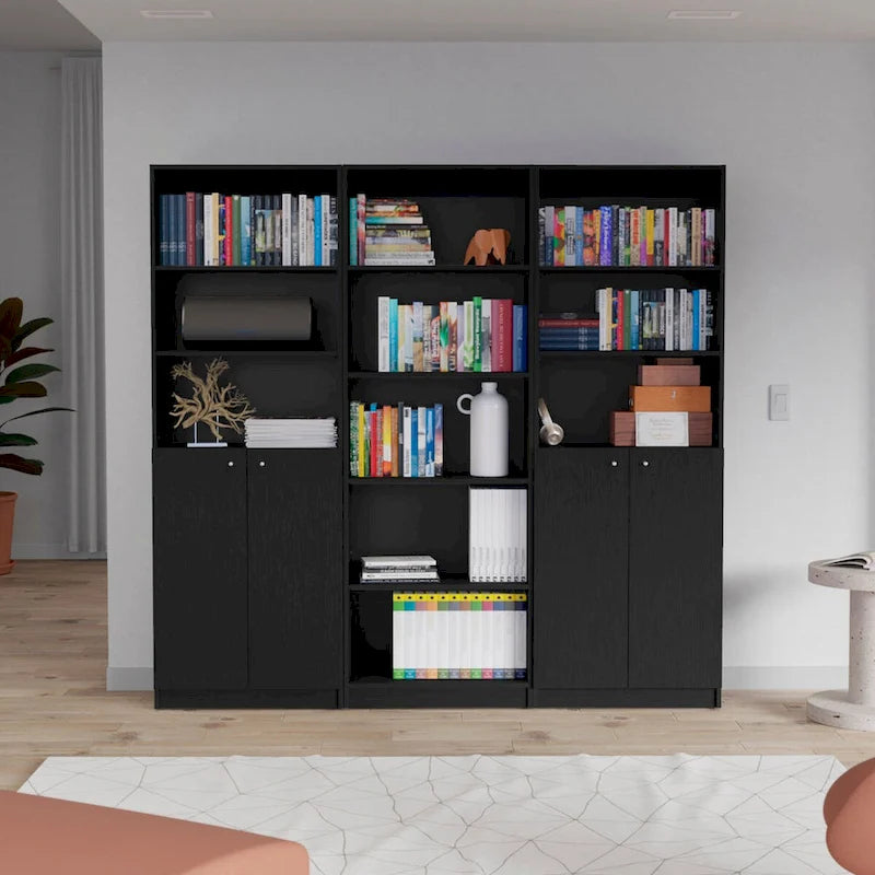 Beige / Black / White 3-Piece Bookcase Set with Open Shelves and 2-Door Cabinets, 74"W
