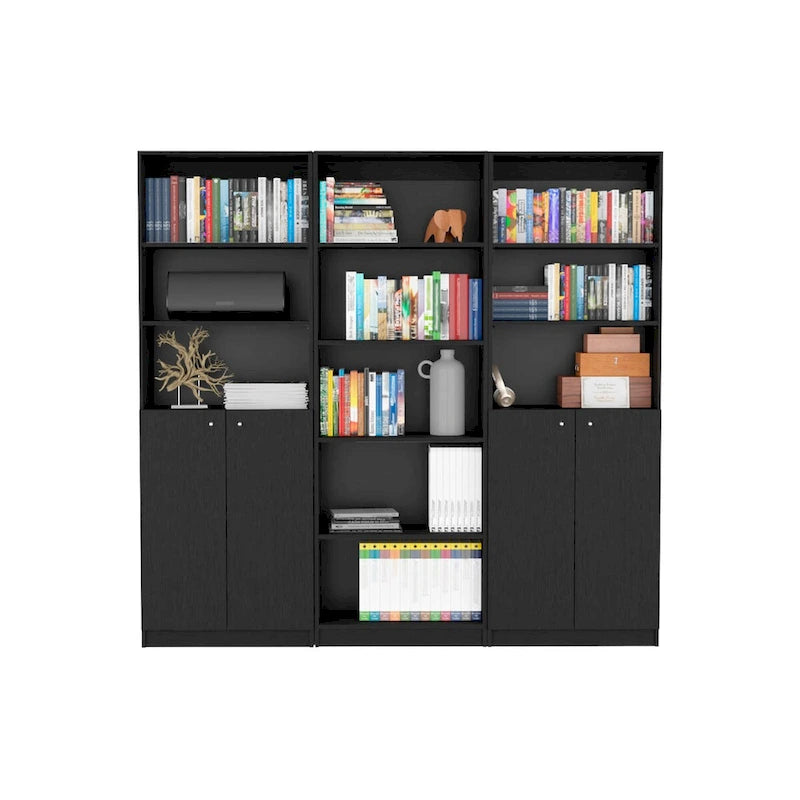 Beige / Black / White 3-Piece Bookcase Set with Open Shelves and 2-Door Cabinets, 74"W