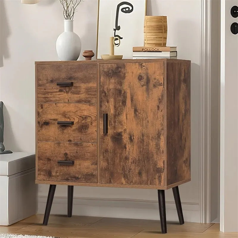 Storage Cabinet with Rattan Door 3 Drawers - 11.8D x 31.5W x 30.7H