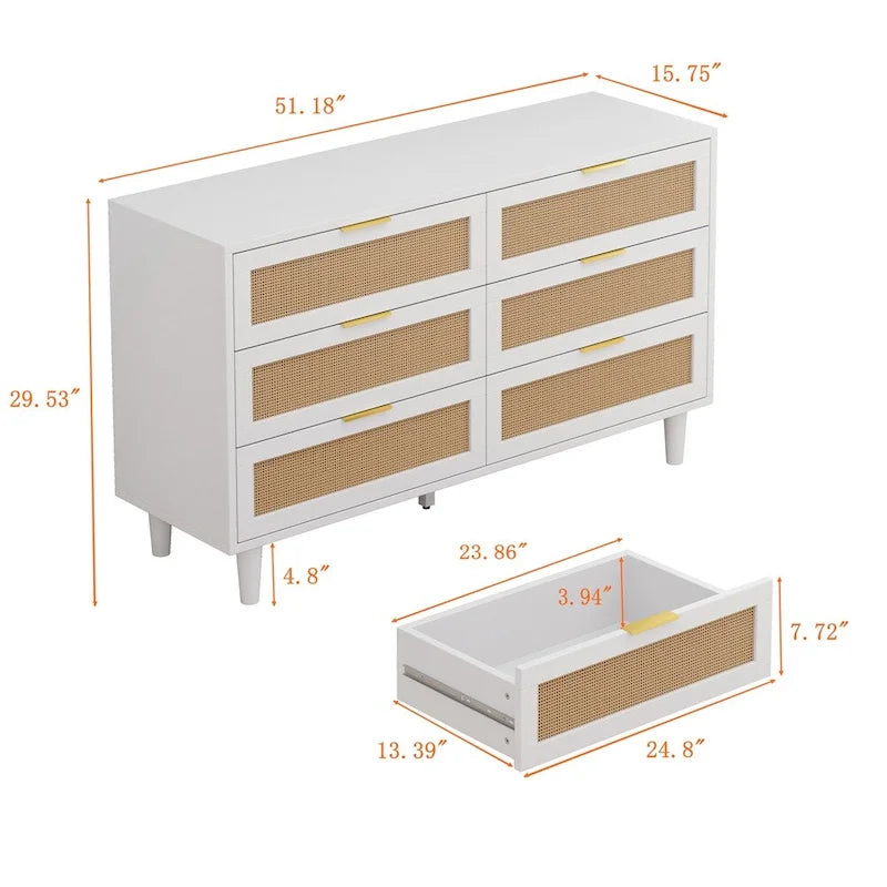 White 6-Drawer Rattan Dresser, 51"