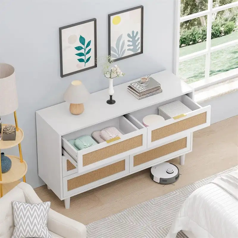 White 6-Drawer Rattan Dresser, 51"