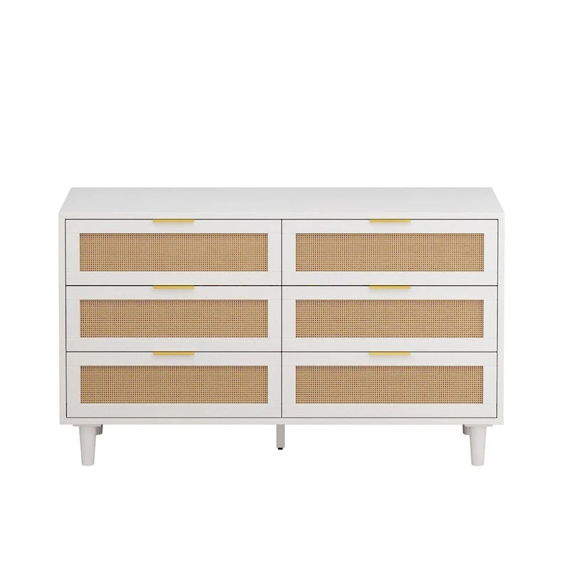 White 6-Drawer Rattan Dresser, 51"