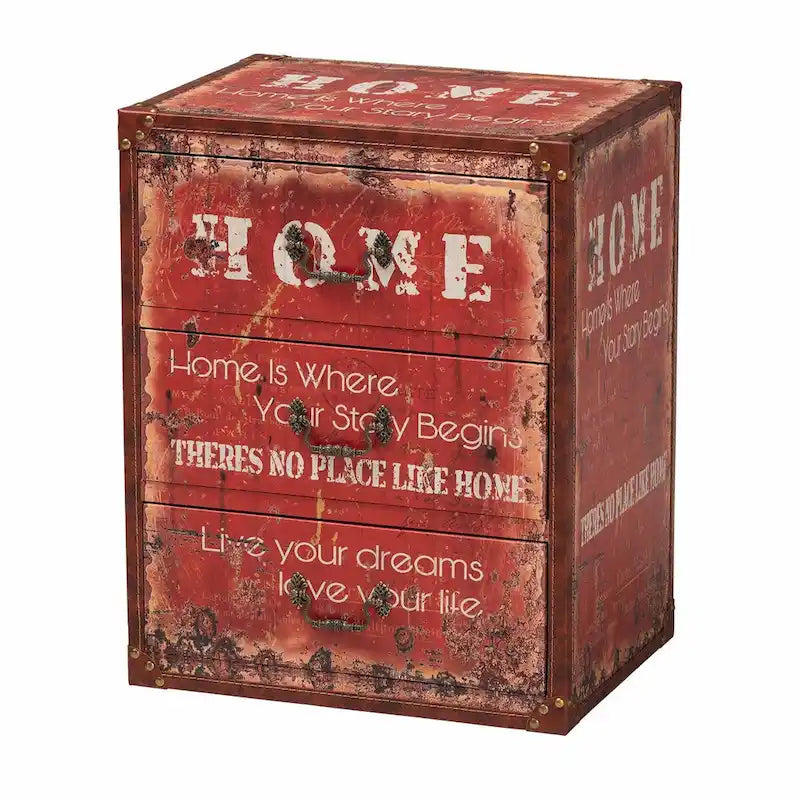 Red Vintage Faux Leather 3-Drawer Storage Trunk