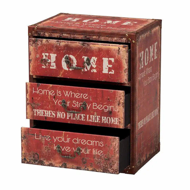 Red Vintage Faux Leather 3-Drawer Storage Trunk