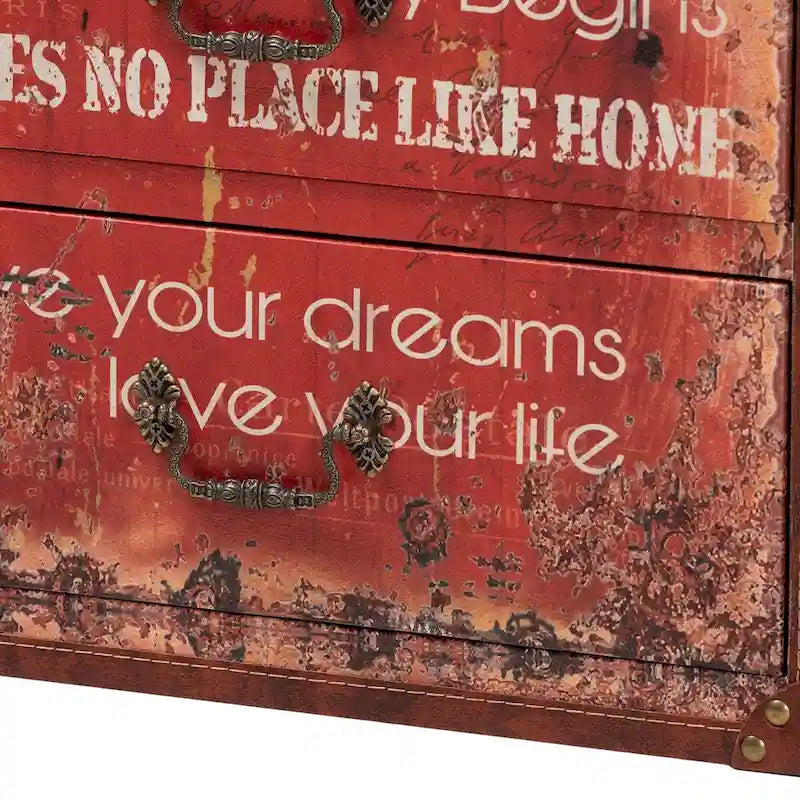 Red Vintage Faux Leather 3-Drawer Storage Trunk