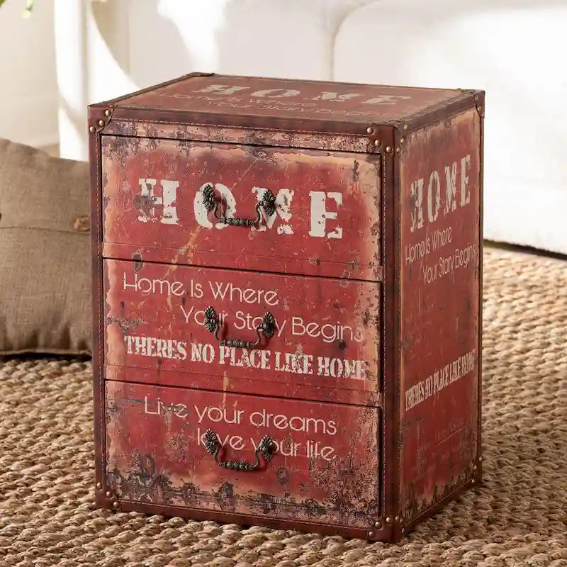Red Vintage Faux Leather 3-Drawer Storage Trunk