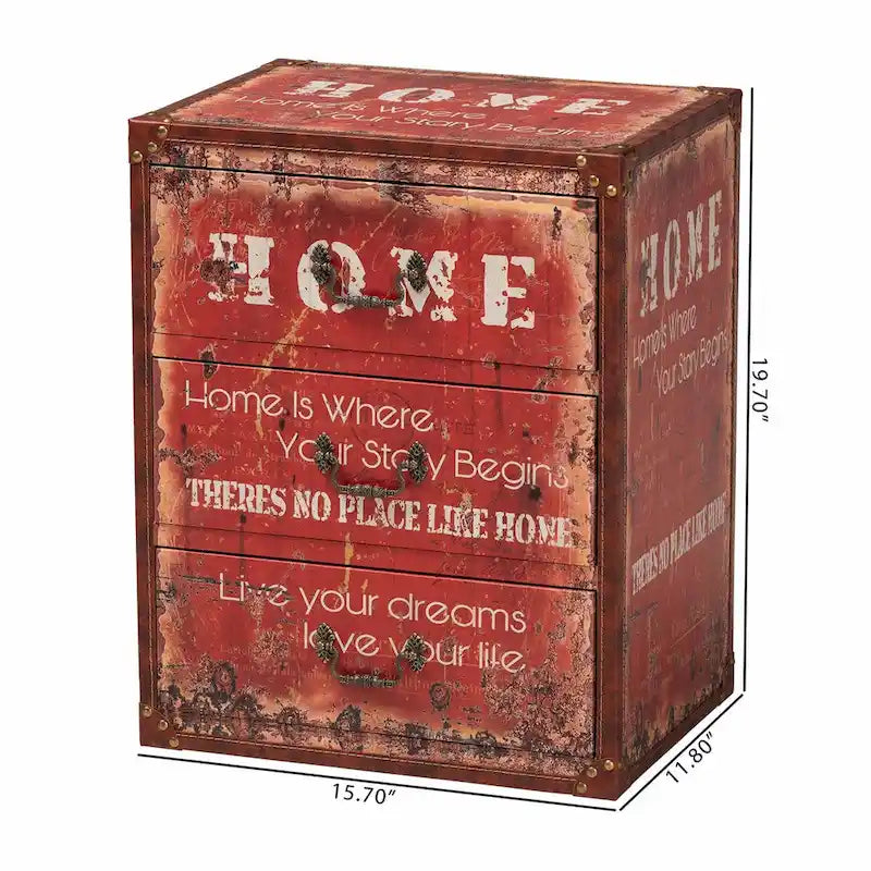 Red Vintage Faux Leather 3-Drawer Storage Trunk