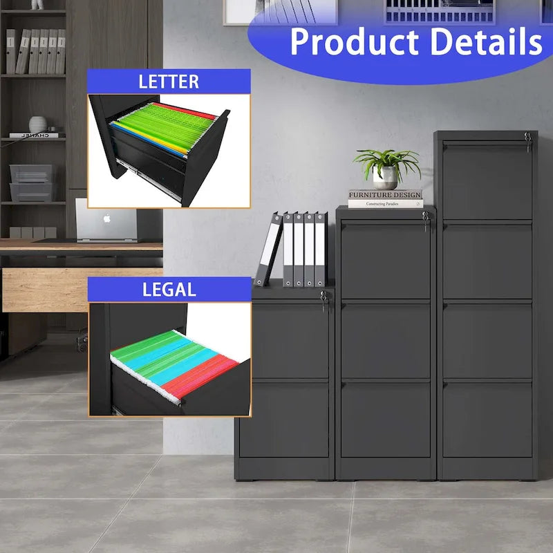4-Drawers 14.96 W Metal Vertical File Cabinet with Lock Office Home Vertical File Cabinet for A4 Legal/Letter Size