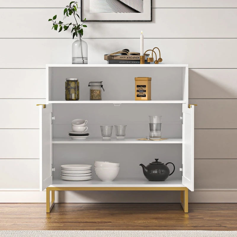 White 2-Door Rattan Buffet Sideboard with Adjustable Shelf