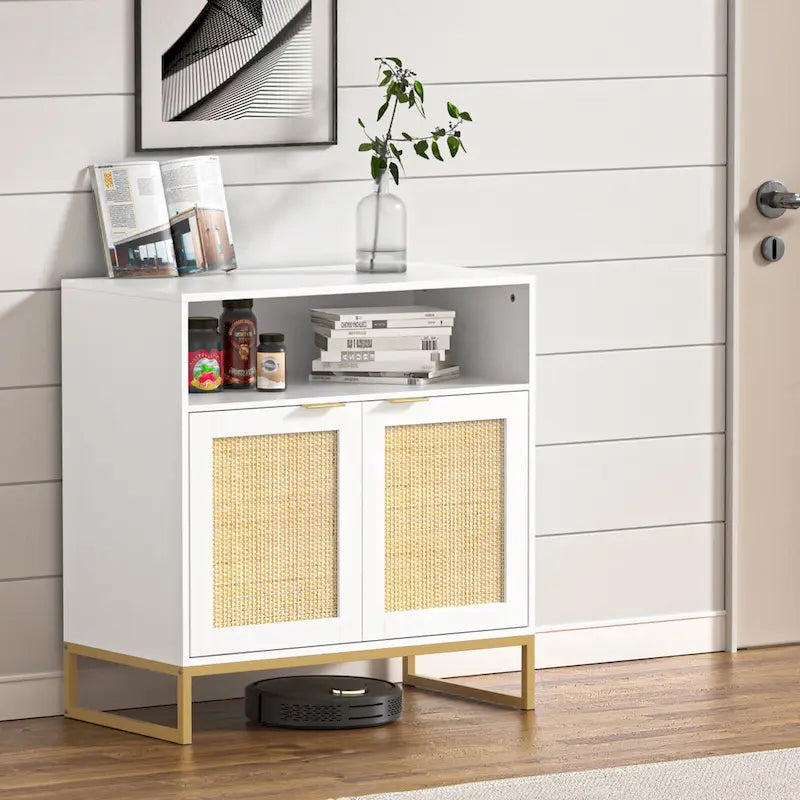 White 2-Door Rattan Buffet Sideboard with Adjustable Shelf