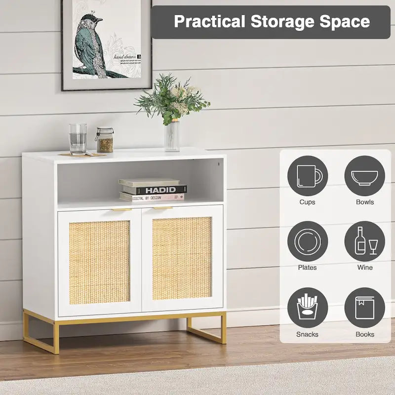 White 2-Door Rattan Buffet Sideboard with Adjustable Shelf