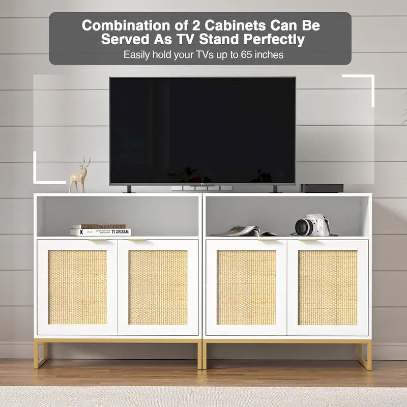 White 2-Door Rattan Buffet Sideboard with Adjustable Shelf