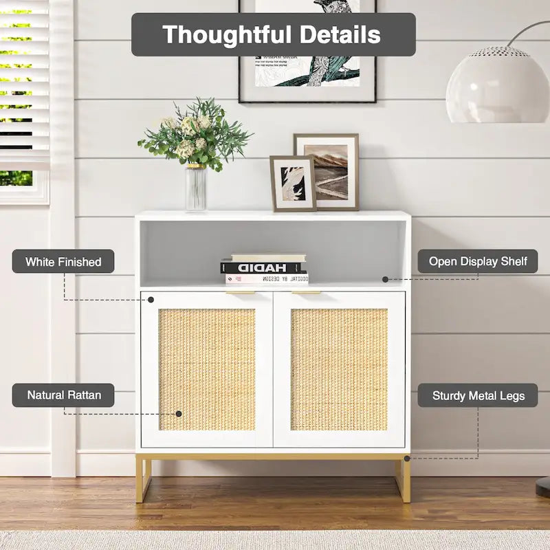 White 2-Door Rattan Buffet Sideboard with Adjustable Shelf