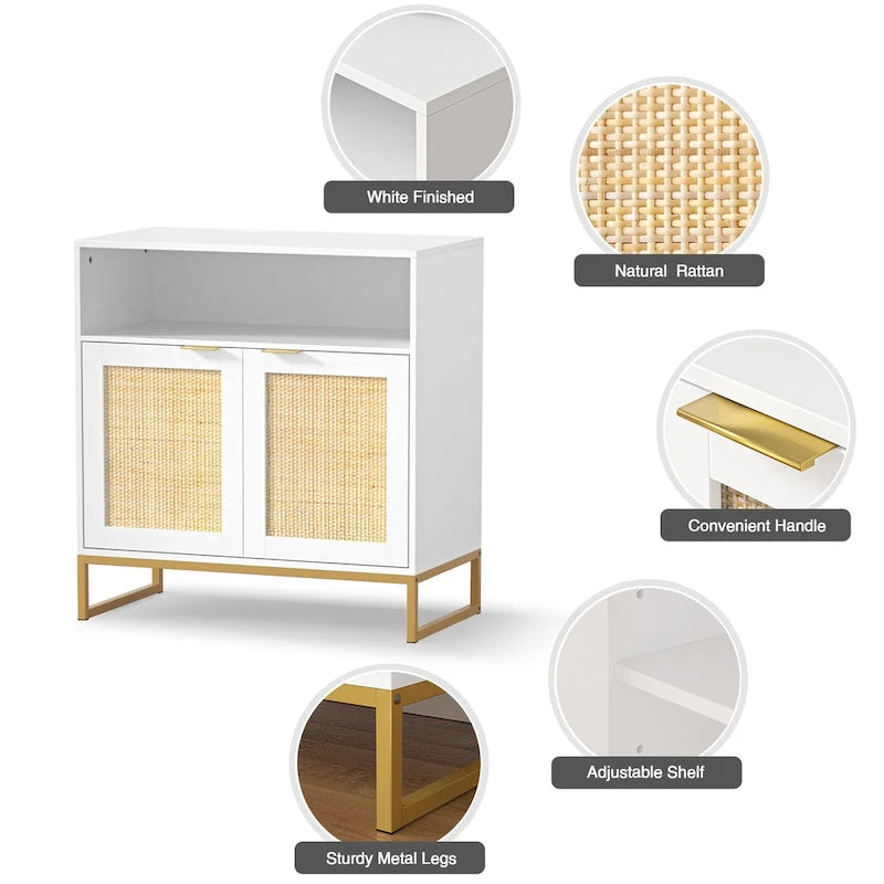White 2-Door Rattan Buffet Sideboard with Adjustable Shelf
