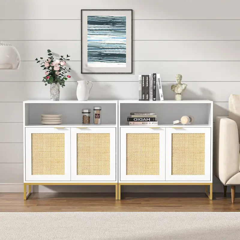 White 2-Door Rattan Buffet Sideboard with Adjustable Shelf