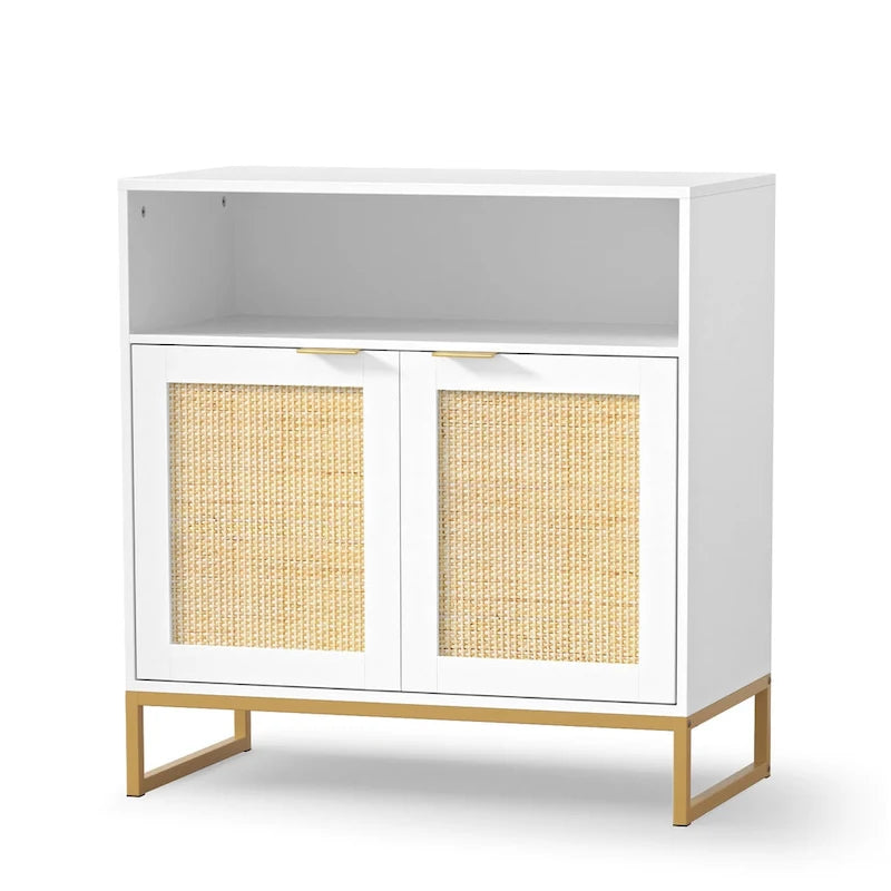White 2-Door Rattan Buffet Sideboard with Adjustable Shelf