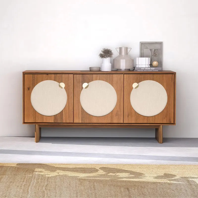 Walnut / Brass Mid-Century Sideboard with Fabric Doors and Adjustable Shelves, Single