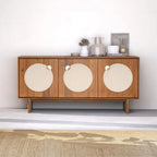 Walnut / Brass Mid-Century Sideboard with Fabric Doors and Adjustable Shelves, Single