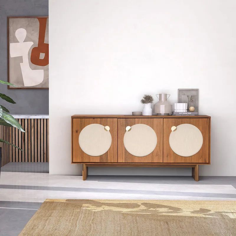 Walnut / Brass Mid-Century Sideboard with Fabric Doors and Adjustable Shelves, Single