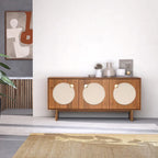 Walnut / Brass Mid-Century Sideboard with Fabric Doors and Adjustable Shelves, Single