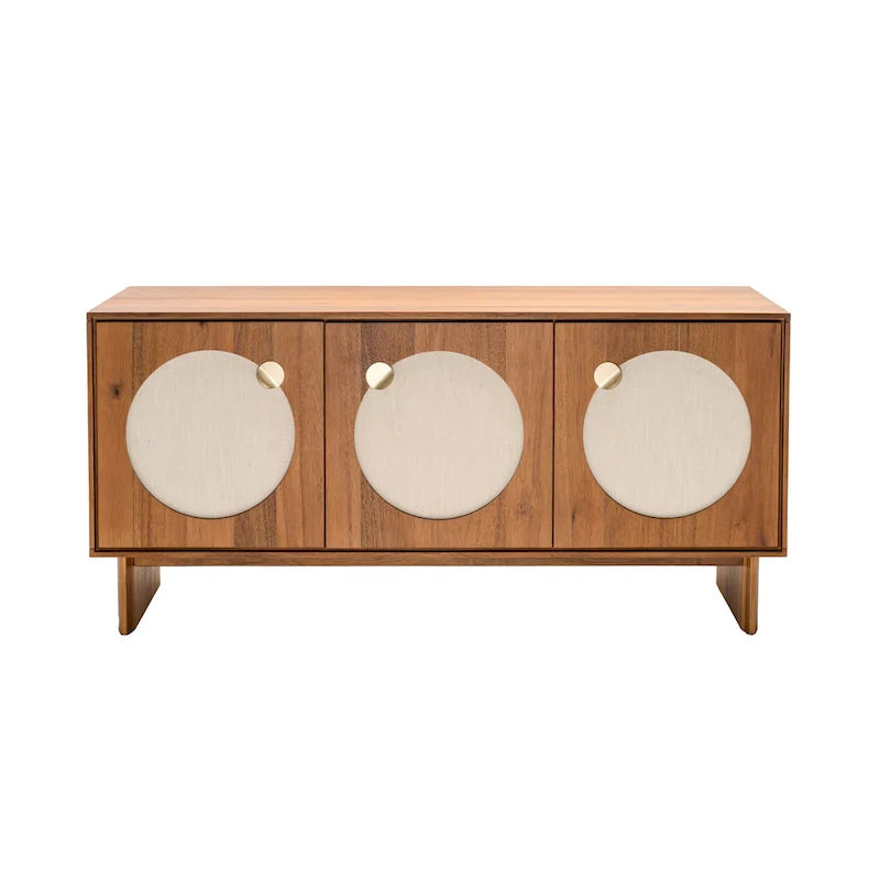 Walnut / Brass Mid-Century Sideboard with Fabric Doors and Adjustable Shelves, Single