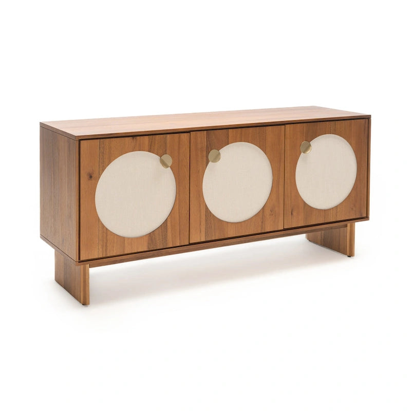 Walnut / Brass Mid-Century Sideboard with Fabric Doors and Adjustable Shelves, Single