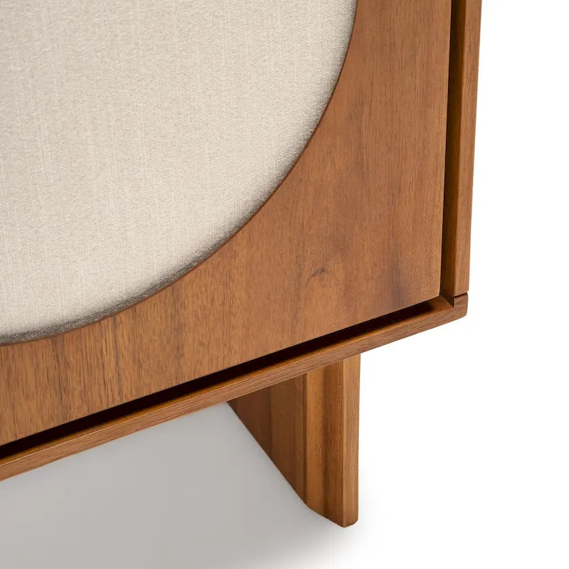 Walnut / Brass Mid-Century Sideboard with Fabric Doors and Adjustable Shelves, Single