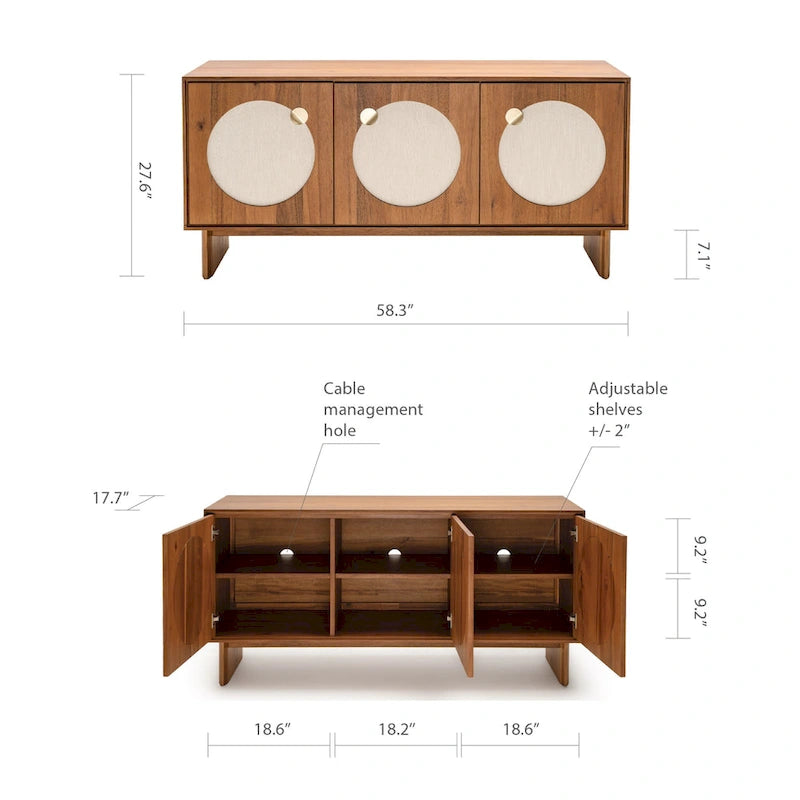 Walnut / Brass Mid-Century Sideboard with Fabric Doors and Adjustable Shelves, Single