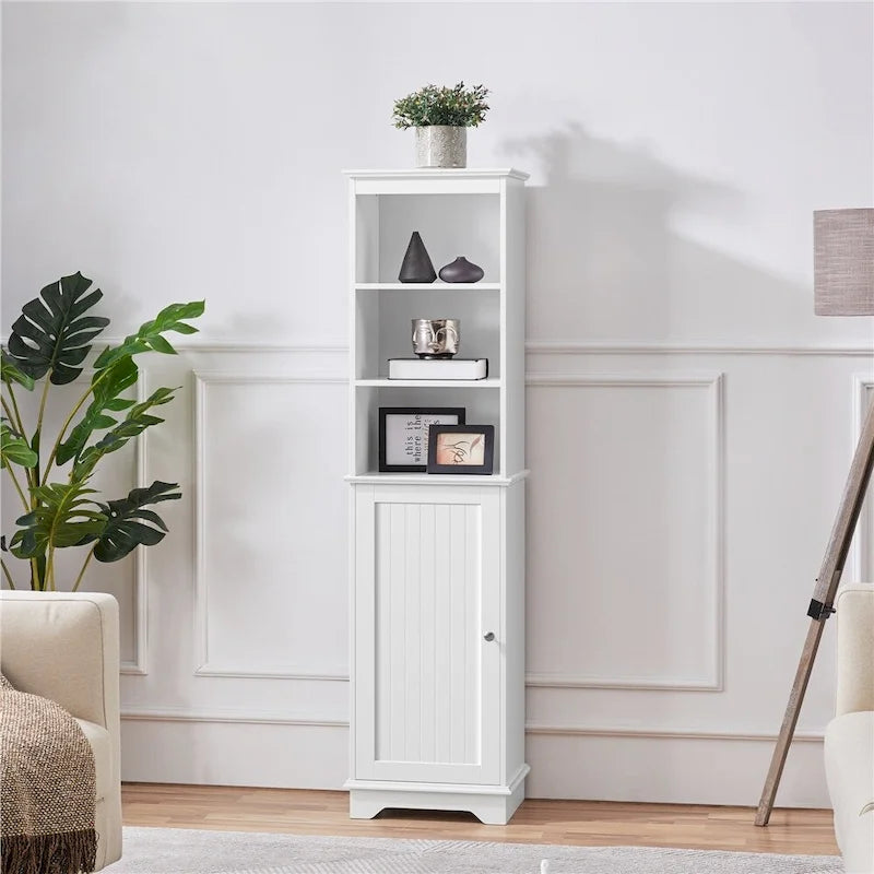 White 1-Door Freestanding Bathroom Floor Cabinet with 3 Open Shelves