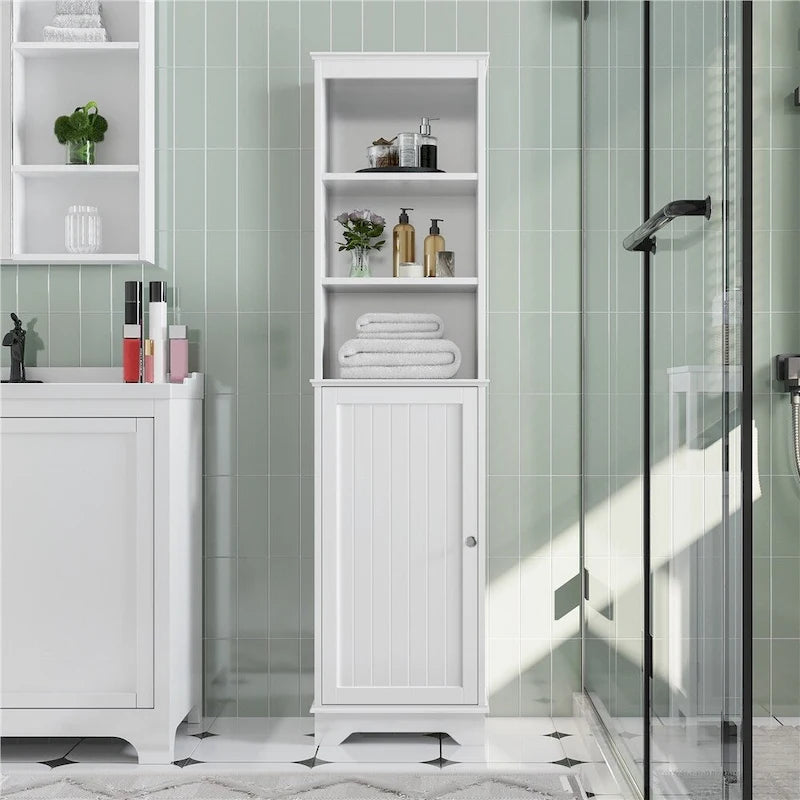 White 1-Door Freestanding Bathroom Floor Cabinet with 3 Open Shelves