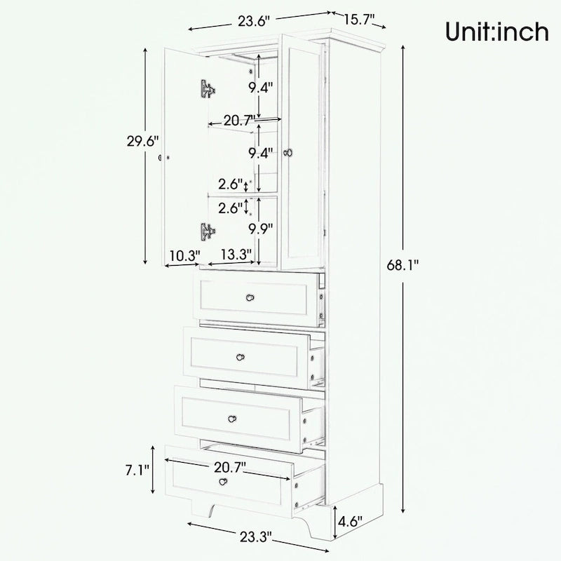 Bathroom Storage Cabinet with 2 Doors and 4 Drawers