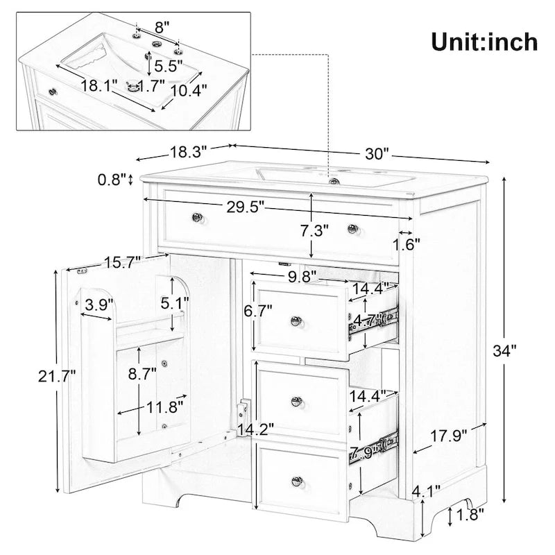 Bathroom Vanity Cabinet with Sink Top,Door and Two Drawers