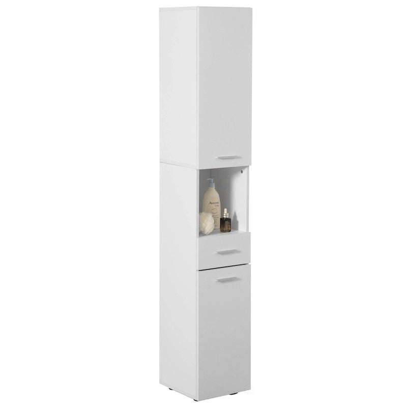 White Tall Freestanding Linen Tower Cabinet with 2 Doors, 1 Drawer and Open Shelf, Single